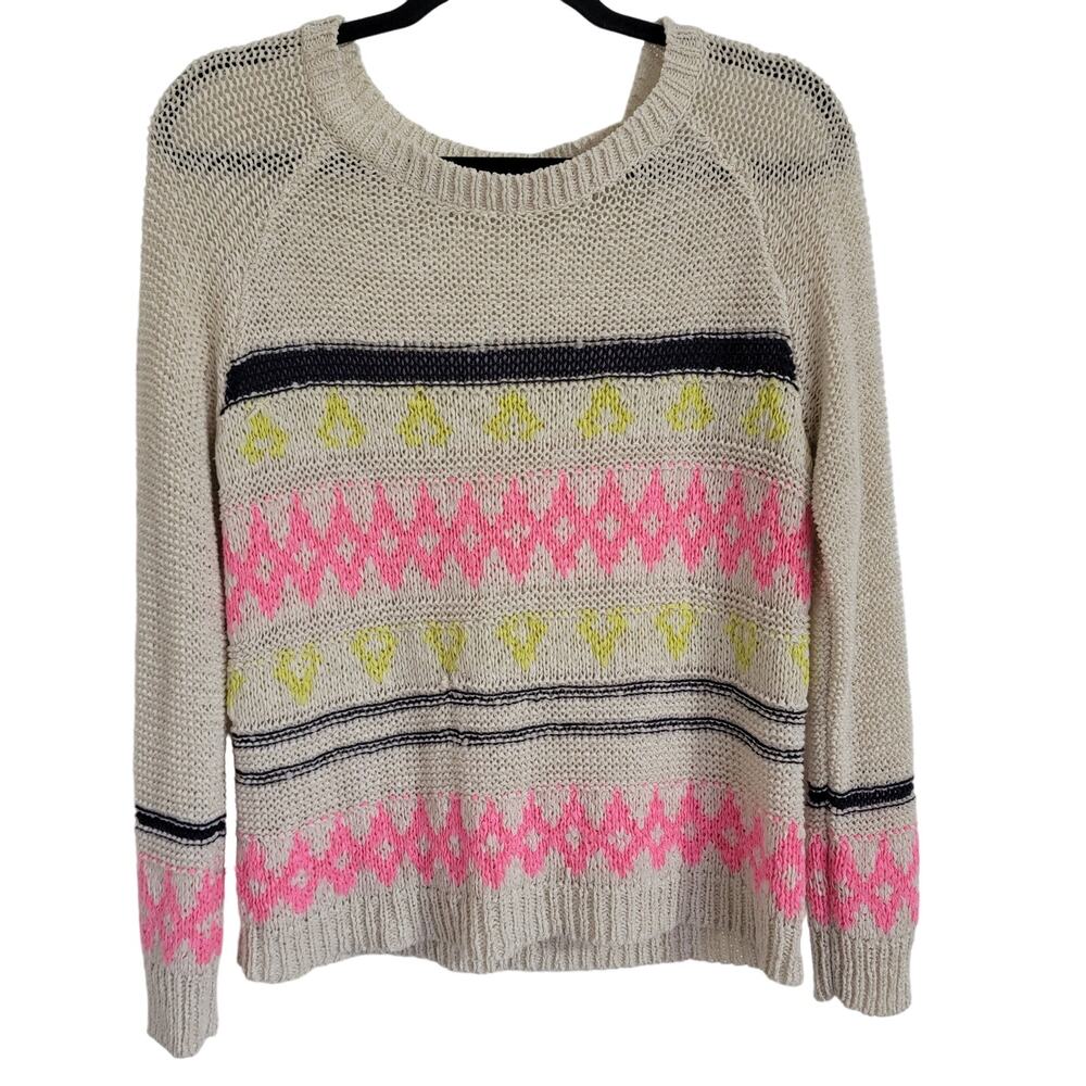 Mustard Seed Womens Crocheted Sweater Neon Aztec Tribal Print Long Sleeve Small